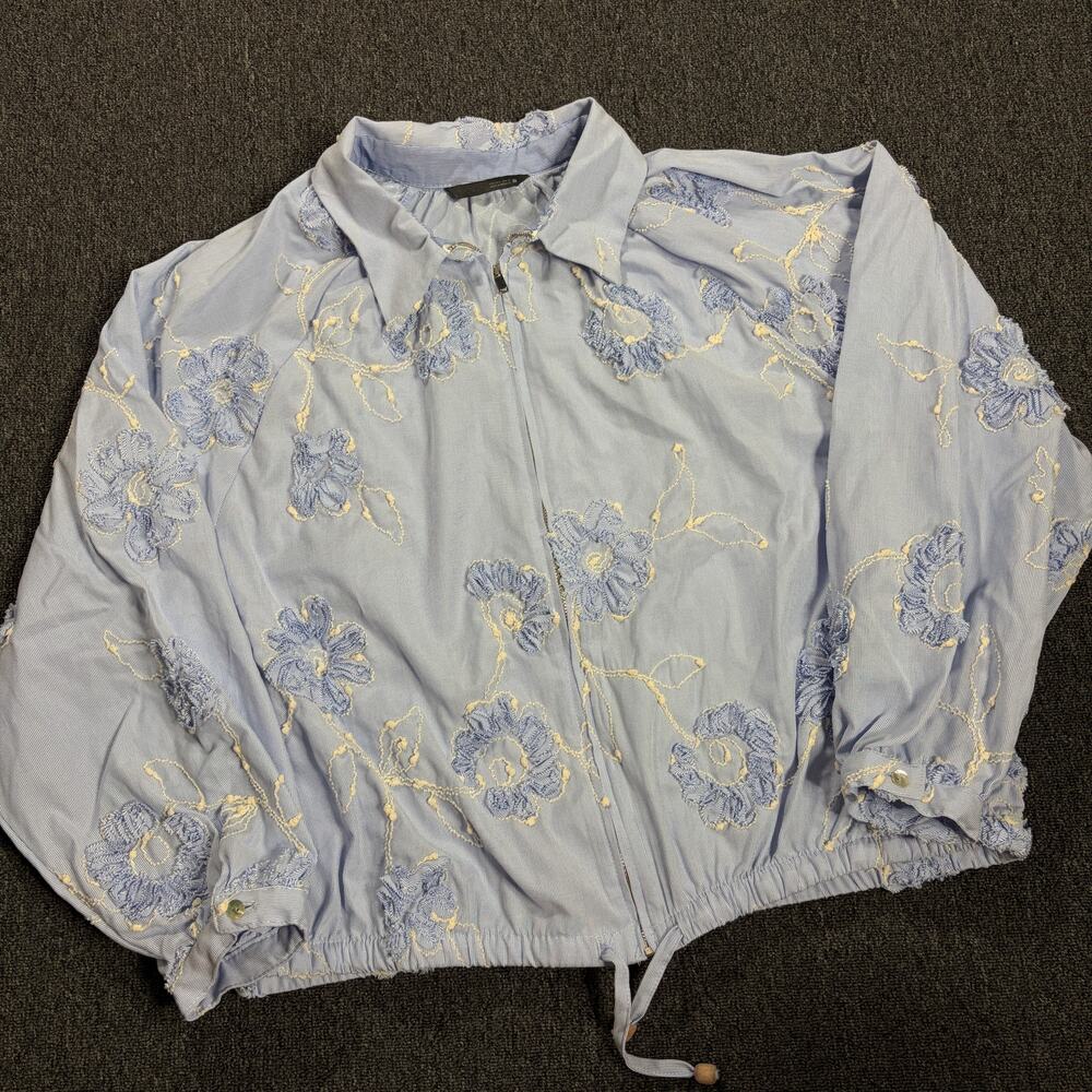 Zara Floral Texture Embroidered Blue Preppy Full Zip Lightweight Longsleeve L